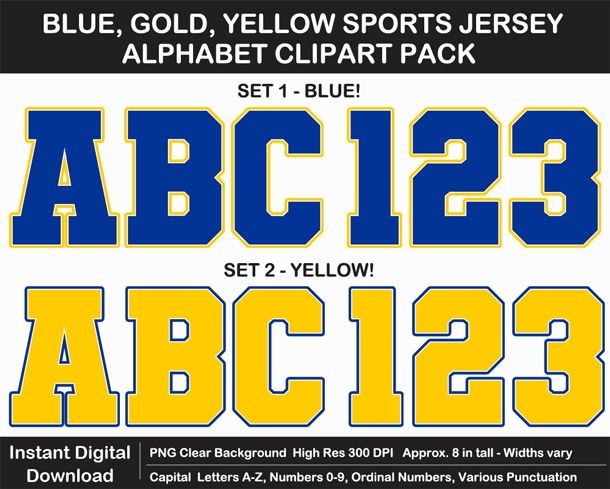 Printable Blue, Gold, Yellow Sports Alphabet Letters, Numbers, Punctuation - DIY Banner or Sign