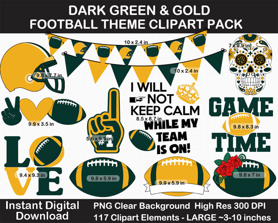 Large Dark Green and Gold Football Clipart Pack - Go Packers!