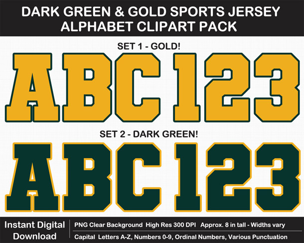 Printable Dark Green and Gold Sports Alphabet Letters, Numbers, Punctuation - DIY Banner or Sign