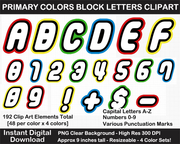Printable Primary Colors Block Letters, Numbers, Punctuation - DIY Party Banner