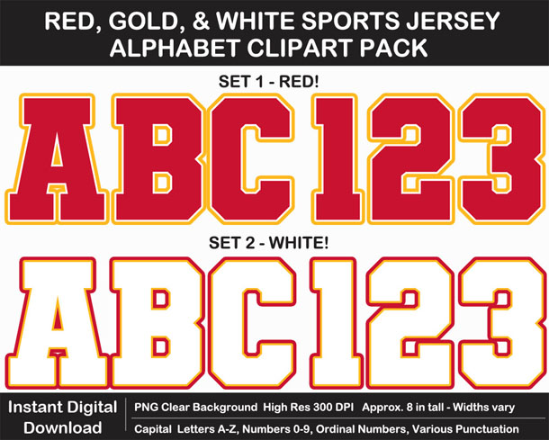 Printable Red, Gold, and White Sports Alphabet Letters, Numbers, Punctuation - DIY Banner or Sign
