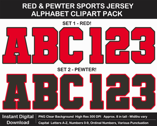 Printable Red and Pewter Sports Alphabet Letters, Numbers, Punctuation - DIY Banner or Sign