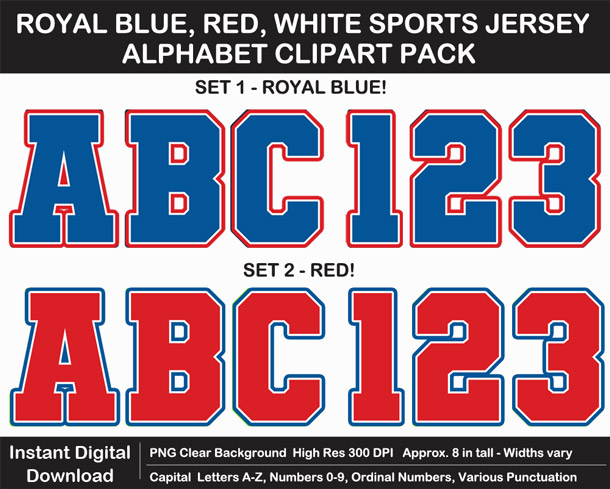 Printable Royal Blue, Red, and White Sports Alphabet Letters, Numbers, Punctuation - DIY Banner or Sign